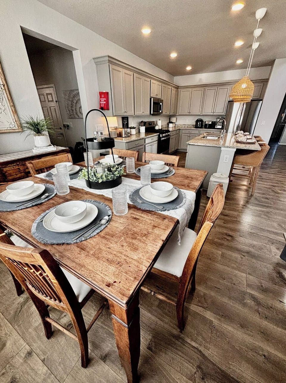 Large dining table with seating for group meals and shared moments.