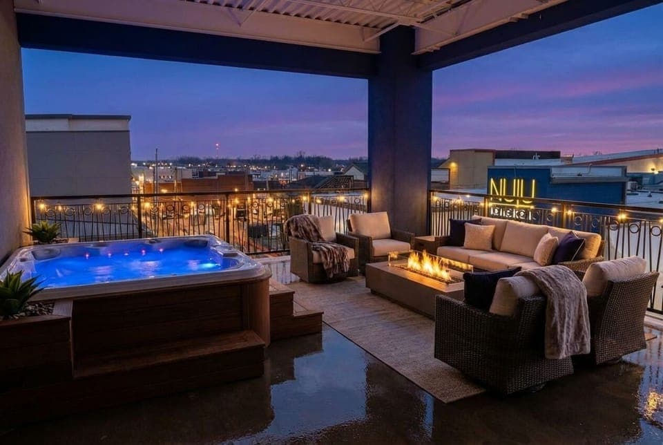 Soak in the bubbling hot tub or gather around the glowing square fire pit on our private penthouse terrace. The dark wicker sectional offers the best seat to take in those stunning city views.