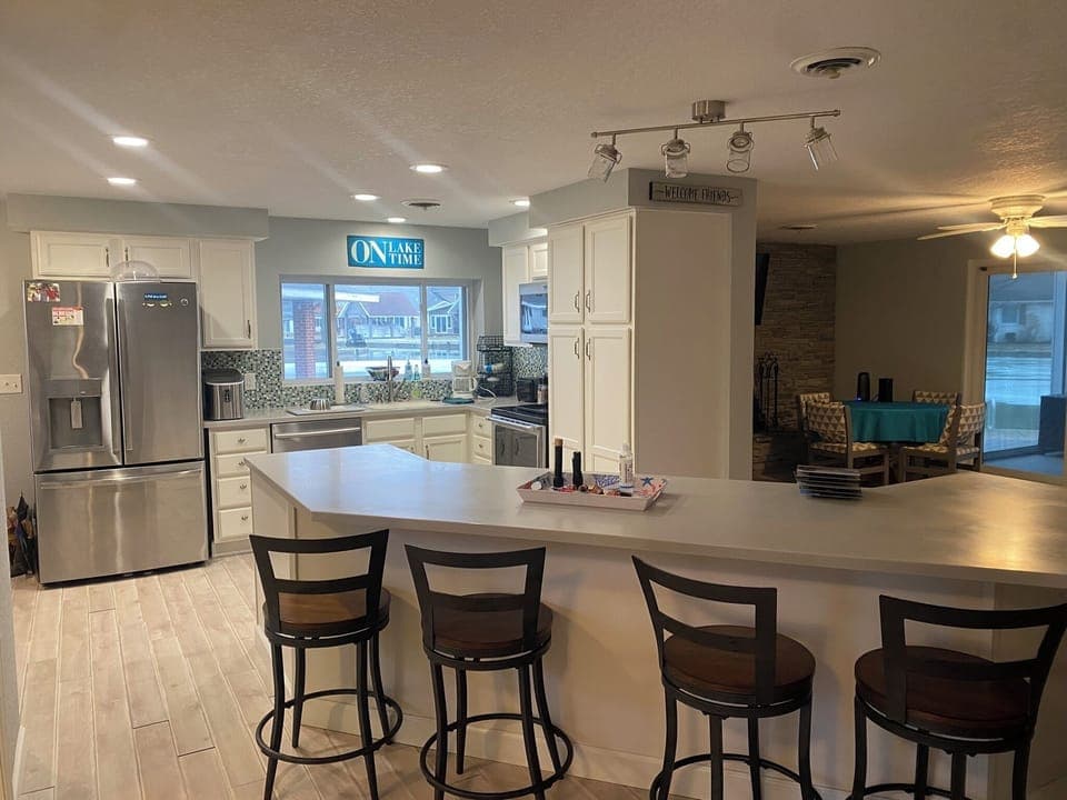 Spacious open space from entrance, kitchen, into living area.