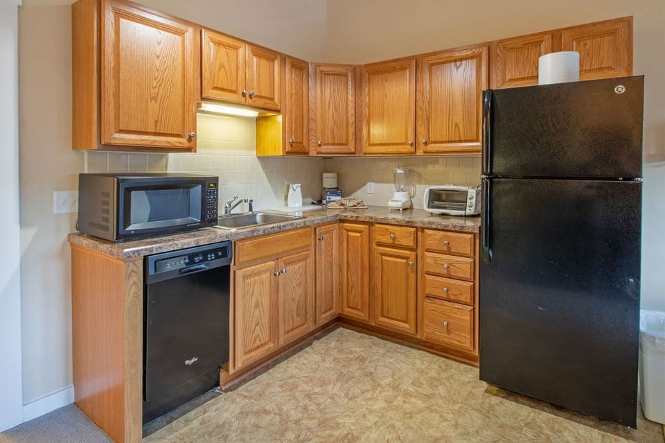 Partial kitchen with refrigerator, dishwasher, microwave, and toaster oven