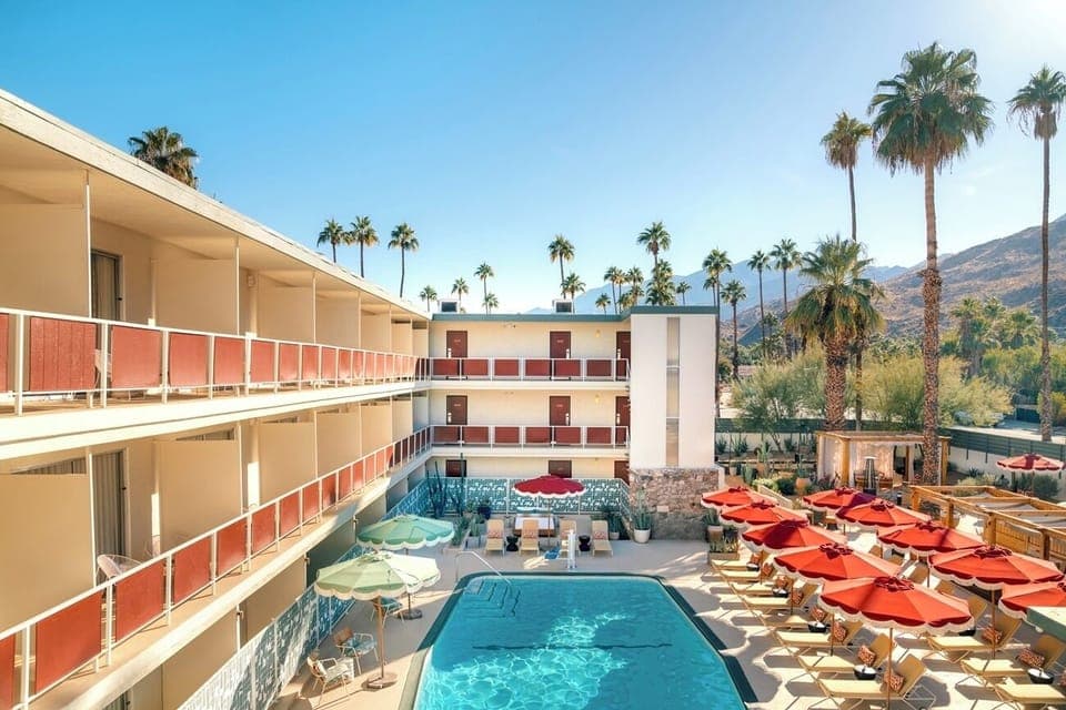 Soak up sunny courtyard vibes with sparkling pool and cabanas.