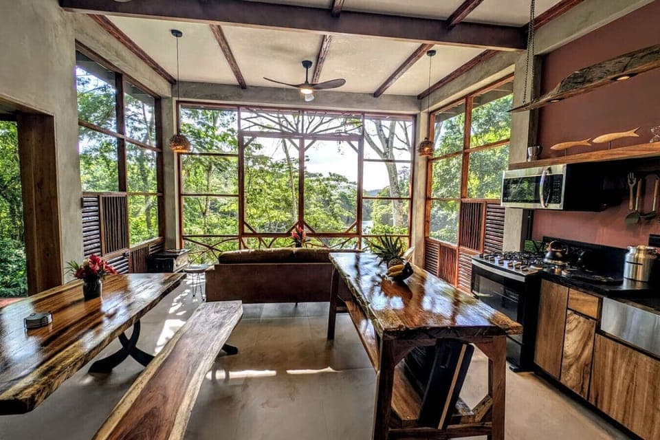Open-concept living area and kitchen with stunning second-floor views