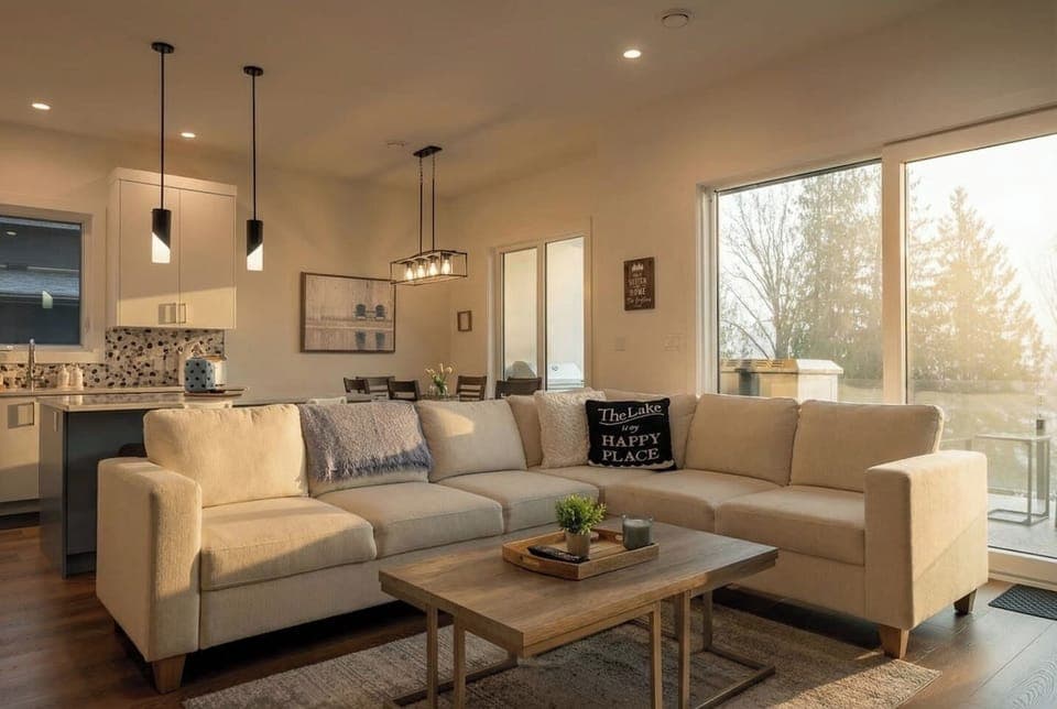 Main floor living room with an indoor fireplace, smart TV, cozy sectional, walkout access to the balcony`s outdoor seating & kitchen and glorious lake views.