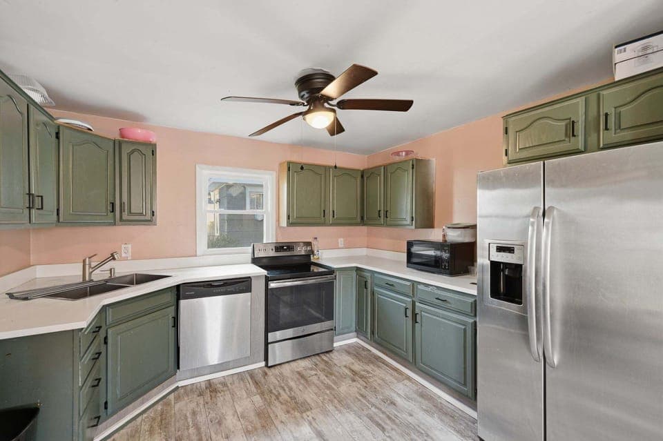 Indoors, Kitchen, Appliance, Ceiling Fan, Refrigerator