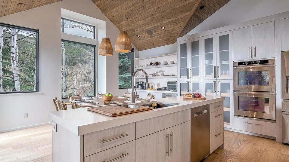 Kitchen, Main Level - Island with sink and pendant lighting near dining area with views