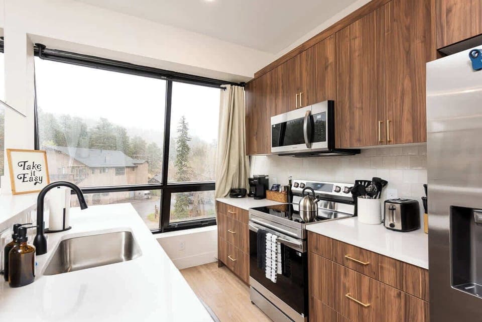 Kitchen is equipped with fridge, oven, microwave, and dishwasher. 