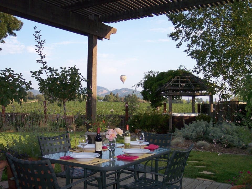 Enjoy acres of vineyard views and hot air balloons from the backyard deck.