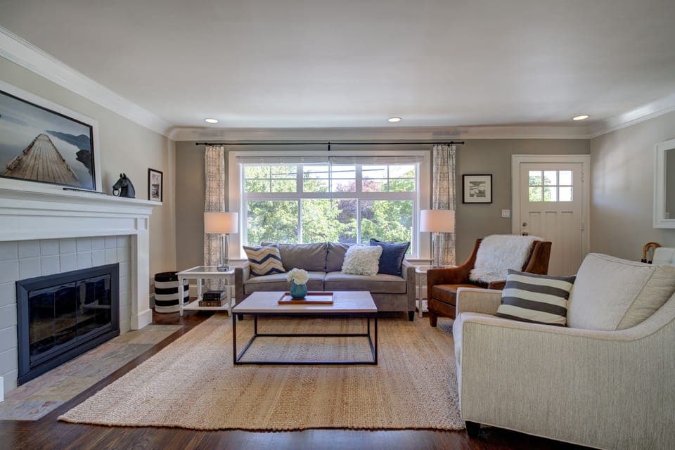 Spacious and bright living room with soundproofed windows. 