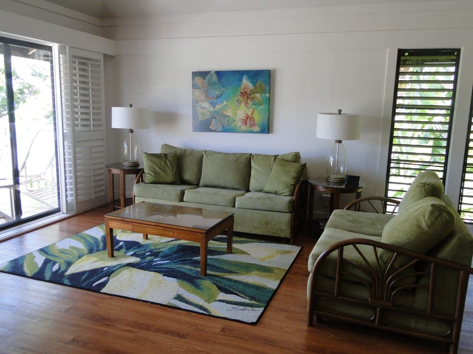 The living area with a queen size pull out couch and matching love seat.