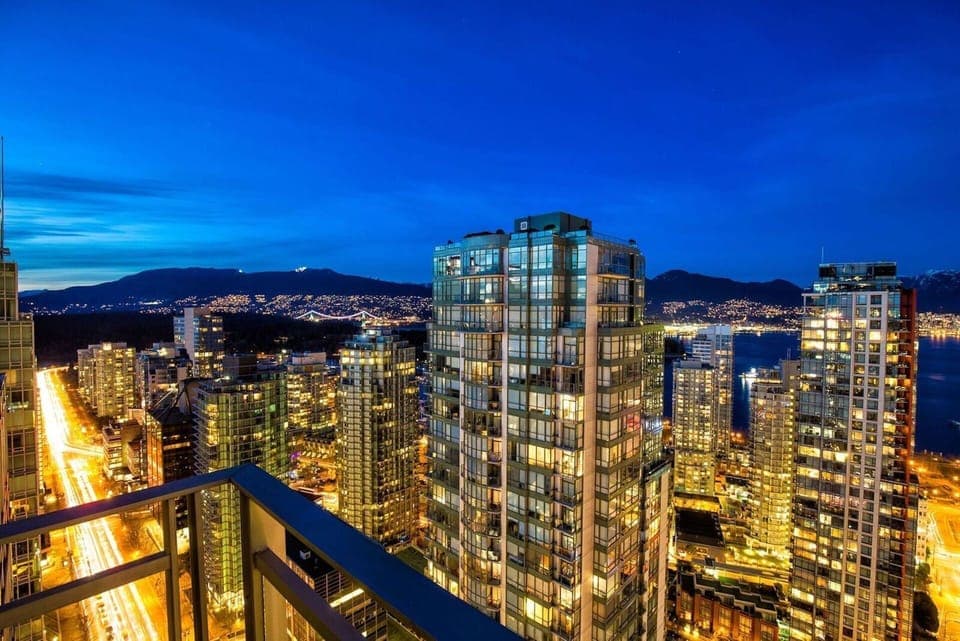 Night time view overlooking Stanley Park and the Lions Gate Bridge to NorthShore