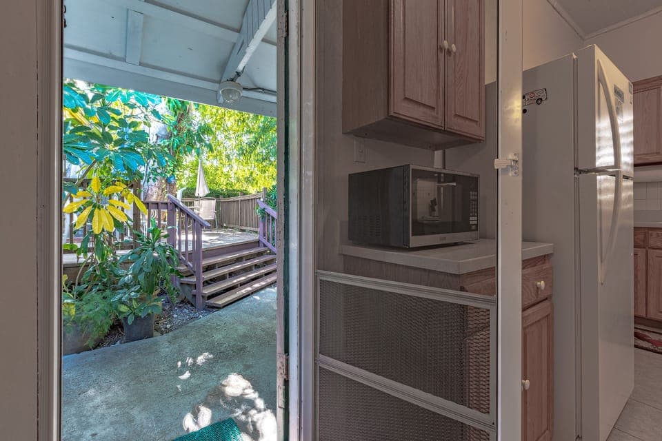 Fenced backyard with deck and historic tree. 
