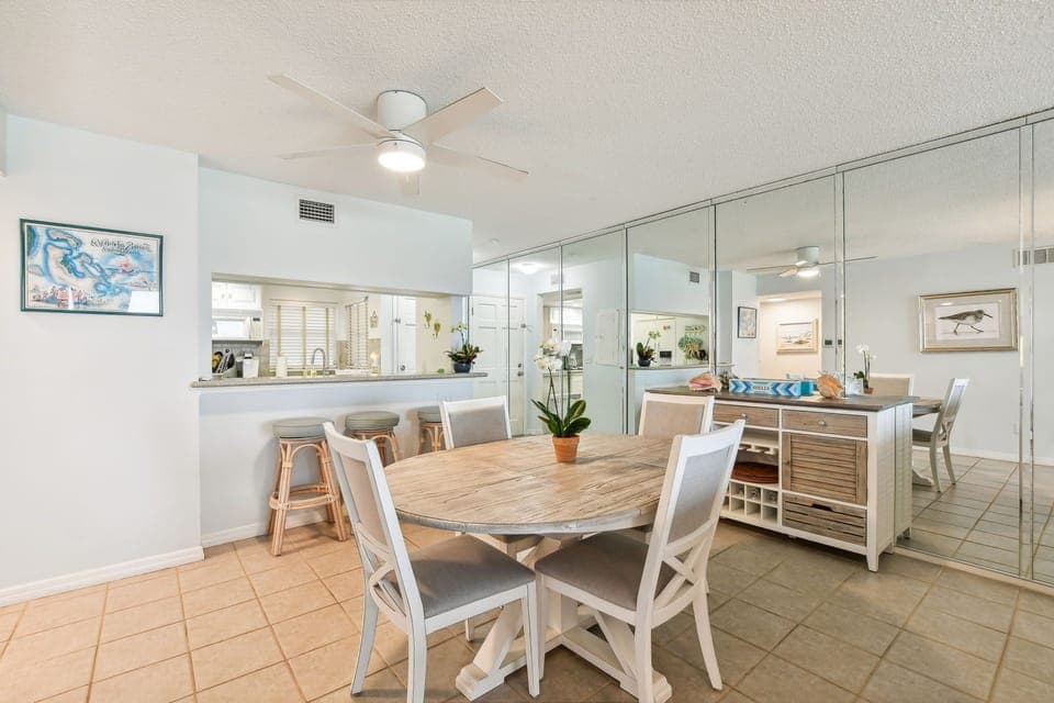 Dining area.  Seating for six plus 3 barstools.