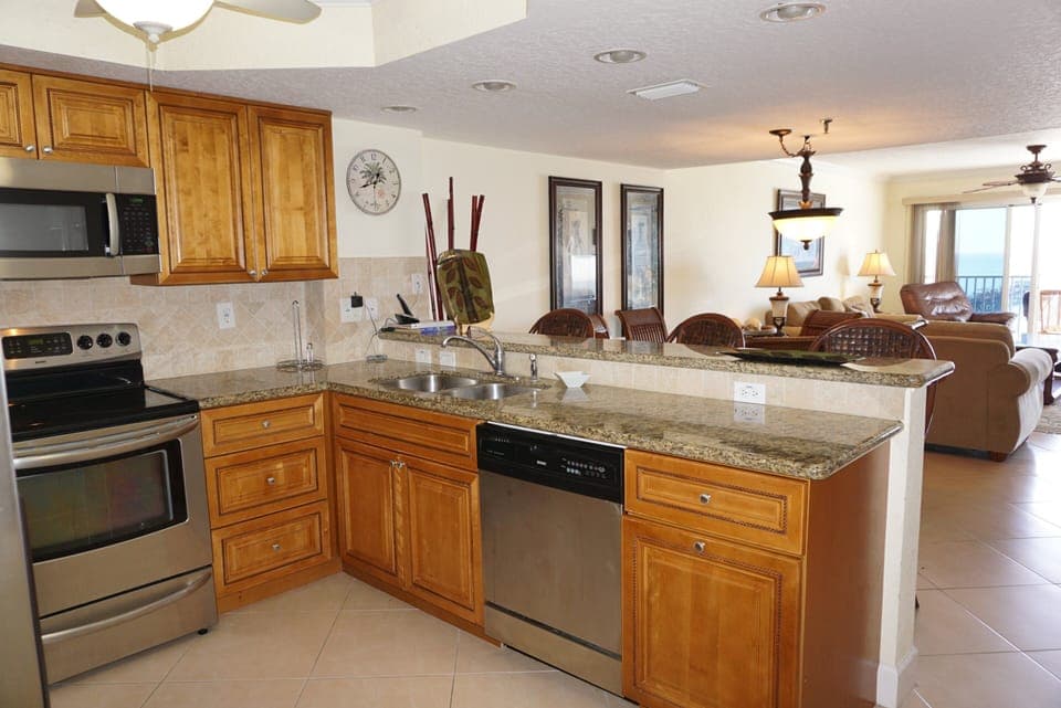 Refrigerator, freezer, ice maker, stove, oven, microwave, and dishwasher
