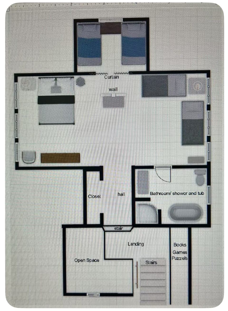 Upstairs - 3rd bedroom and 4th "bedroom" space separated by a privacy curtain