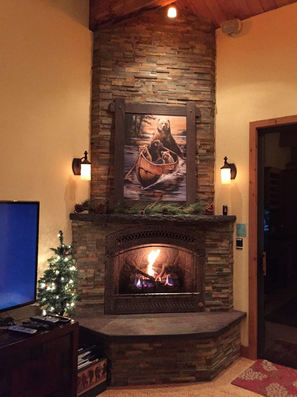 Gas burning fireplace in living room. 