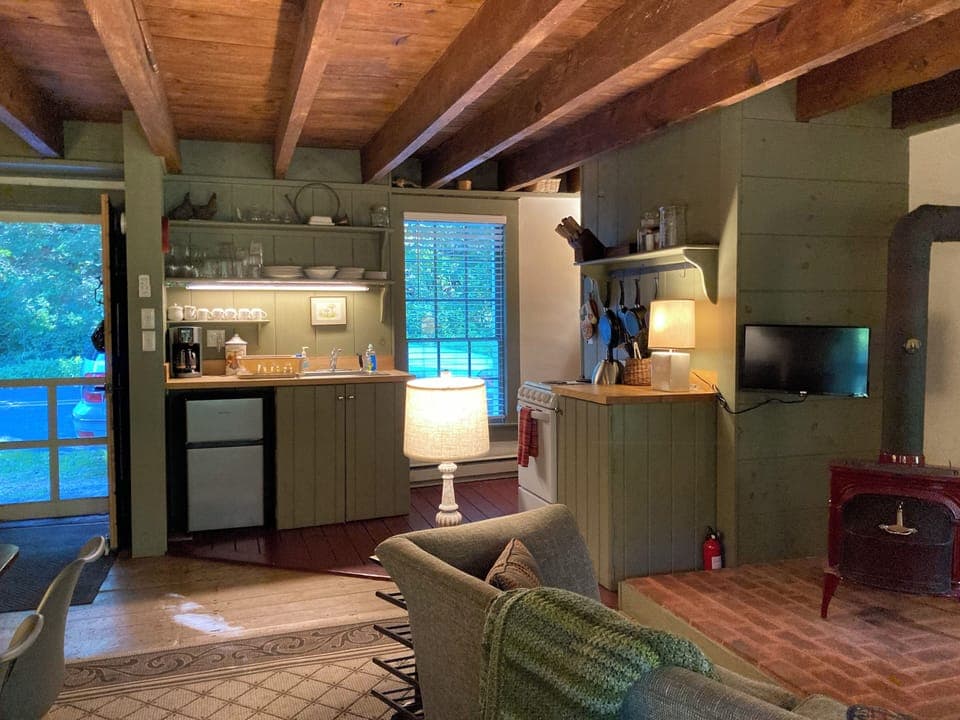 Kitchen area with small refrigerator.  Standard size refrigerator in basement.