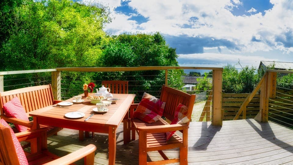 Lunch on the decking overlooking the sea.