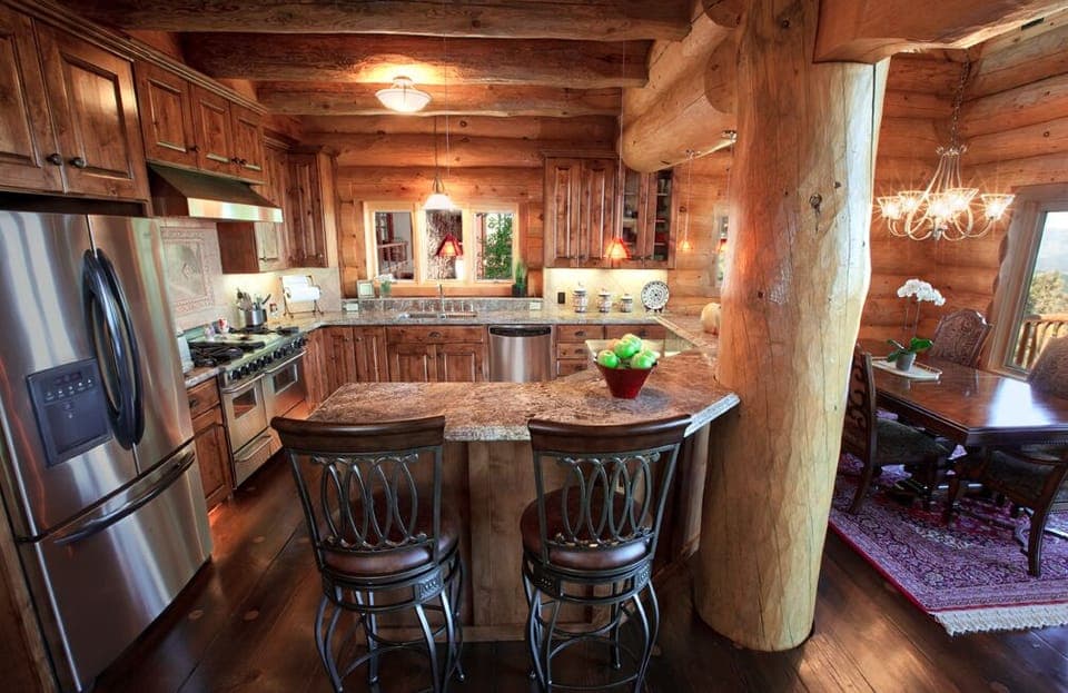 A Log Home kitchen ... with massive log post of course!