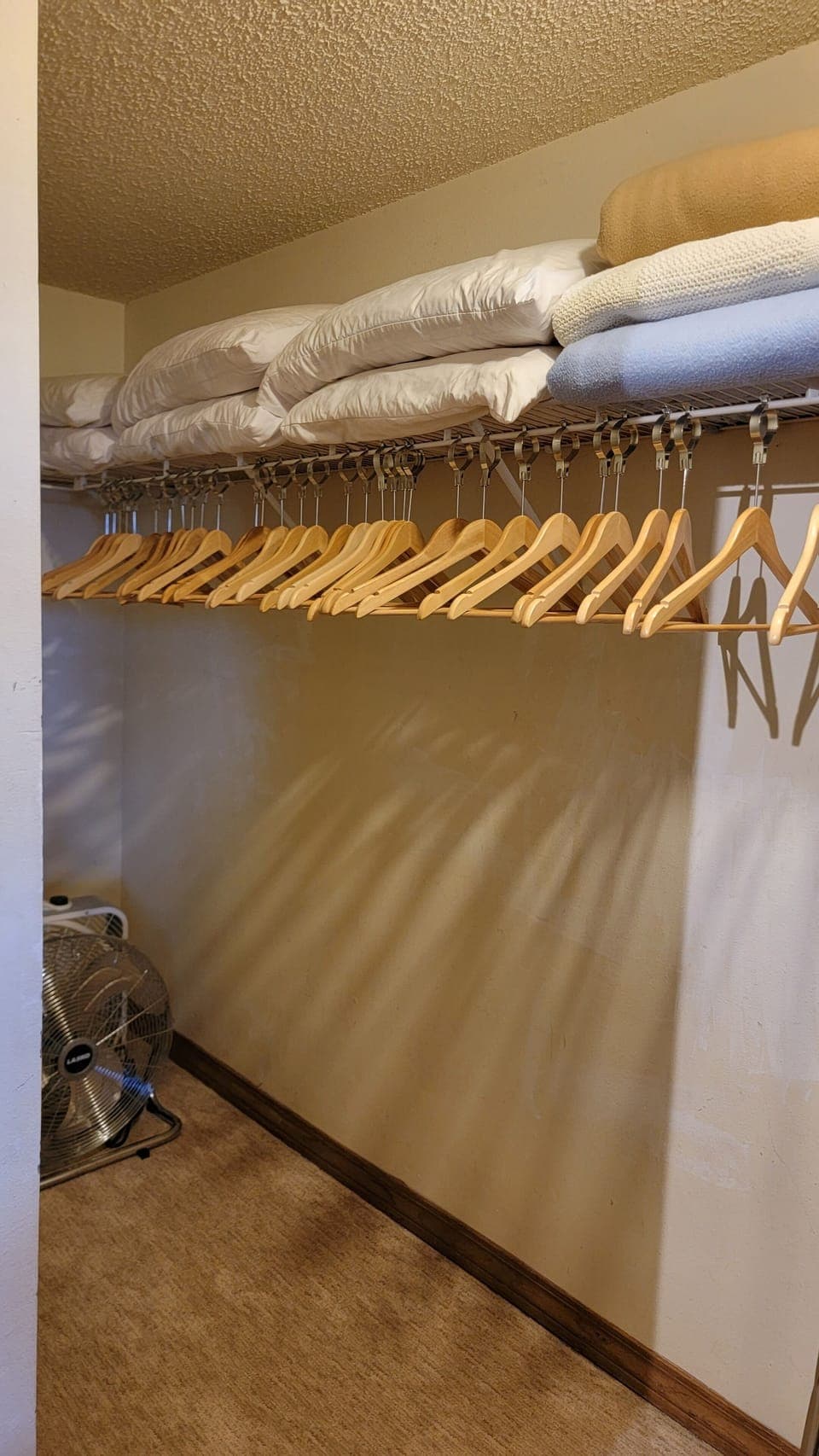 Walk in closet for everyones wardrobe, suitcase storage: XtrBlankets & Pillows. 