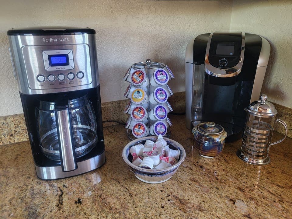 Drip, Keurig, French press,  coffee pods, creamers, sugars, grinder
