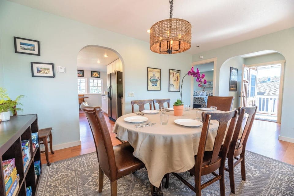 The dining table seats 6, perfect for dining or games nights