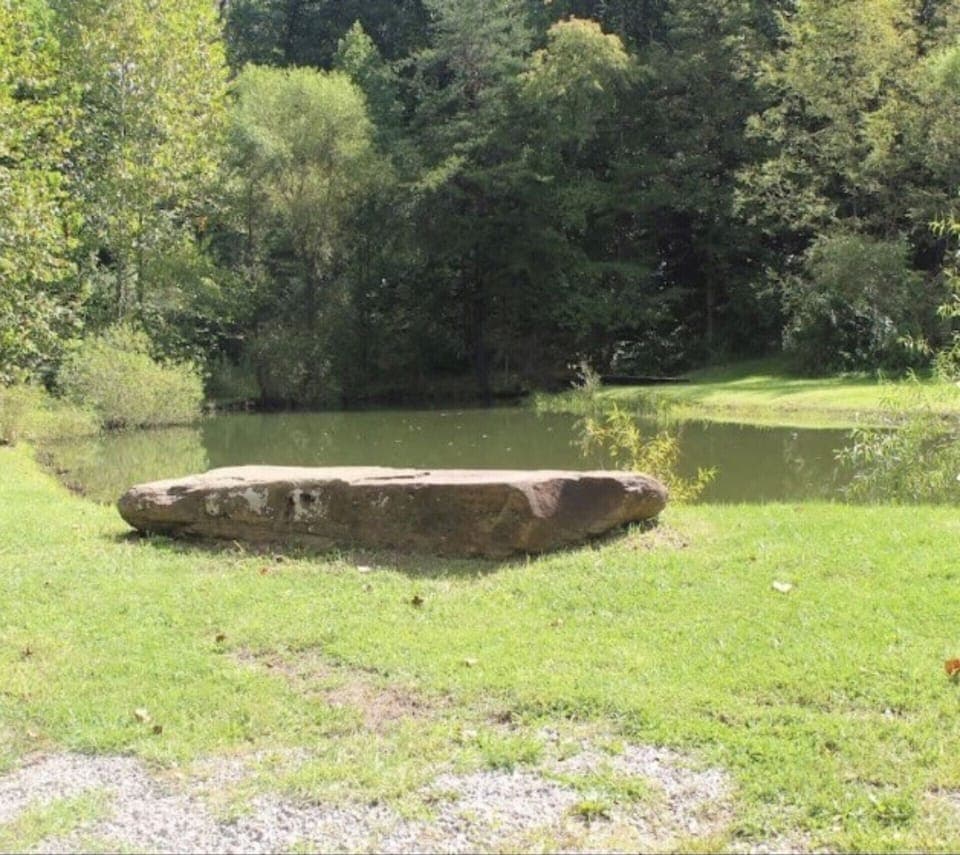 Stocked pond with fountain, sits right in front of home