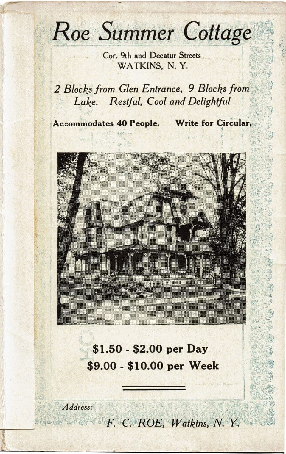 Original Advertising Postcard for Roe Summer Cottage