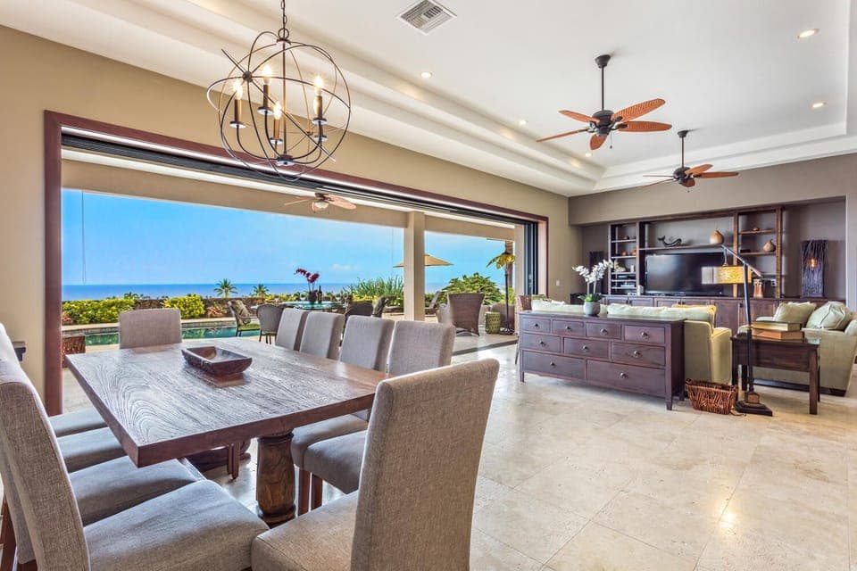 Inside Dining and Living Area with Ocean Views at Kona Hawai'i Vacation Rentals