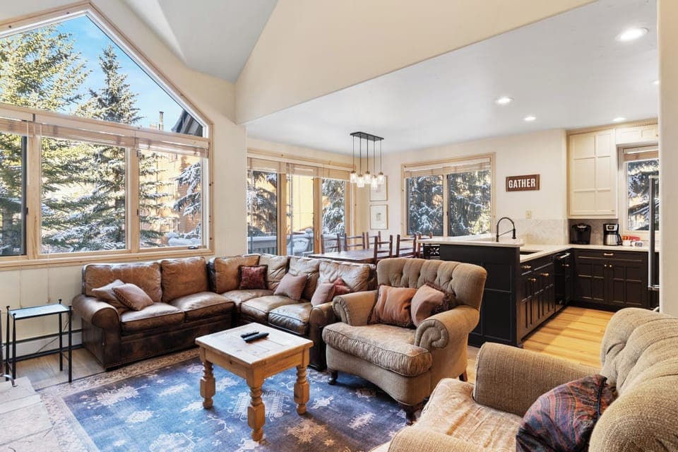 Spacious living area with ample seating, vaulted ceilings, TV with a Blu-ray player, and fireplace.