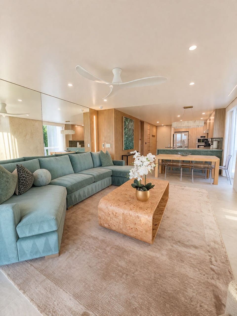 Bright and beautifully designed, this open-concept living space blends modern comfort with natural textures.