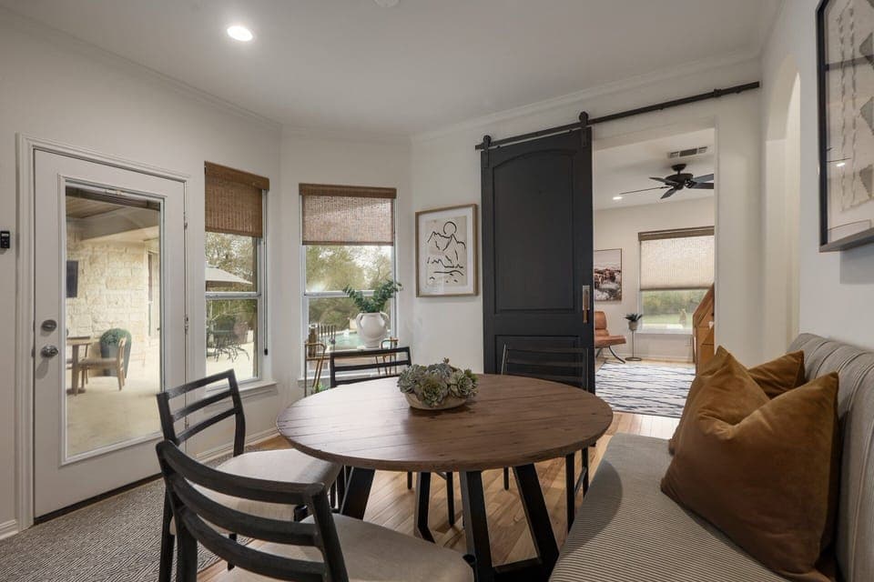 View outside from dining/kitchen and view into Bedroom 5