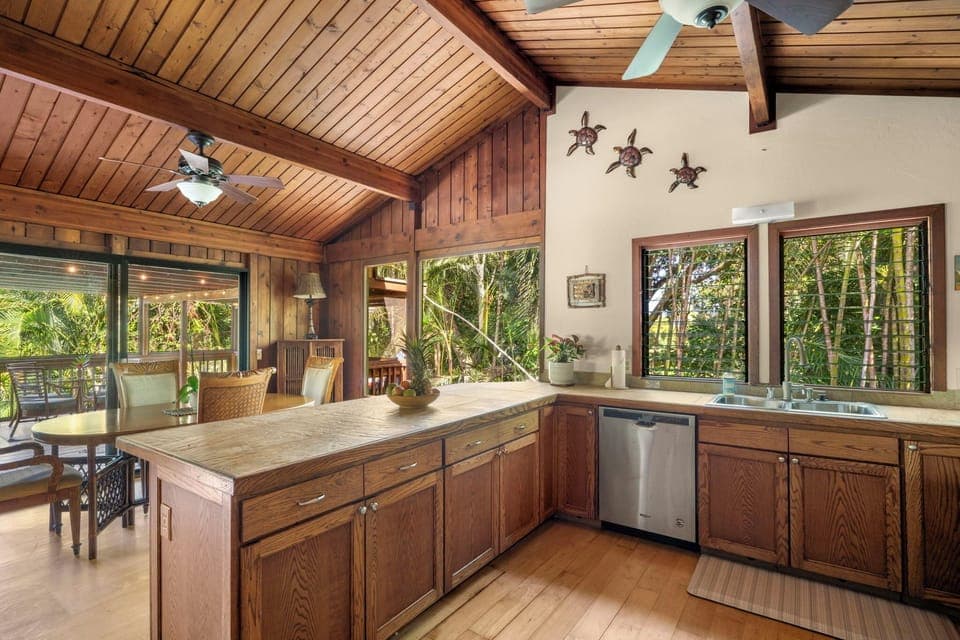 Kitchen is open and has lots of counter space