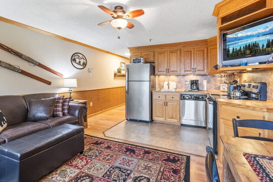 Remodeled kitchen is fully-equipped with pots, pans & utensils