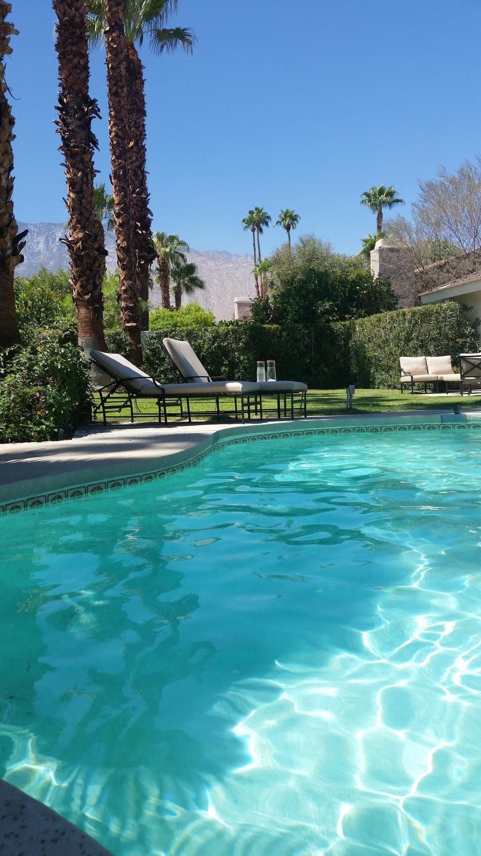 Sparkling pool and yard with mountain views, dining, seating and lounge areas