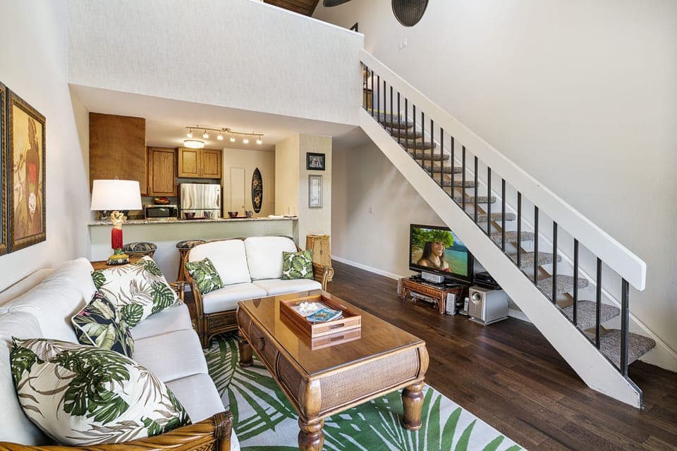 Kitchen and staircase leading to upper floor loft bedroom  and en-suite bath