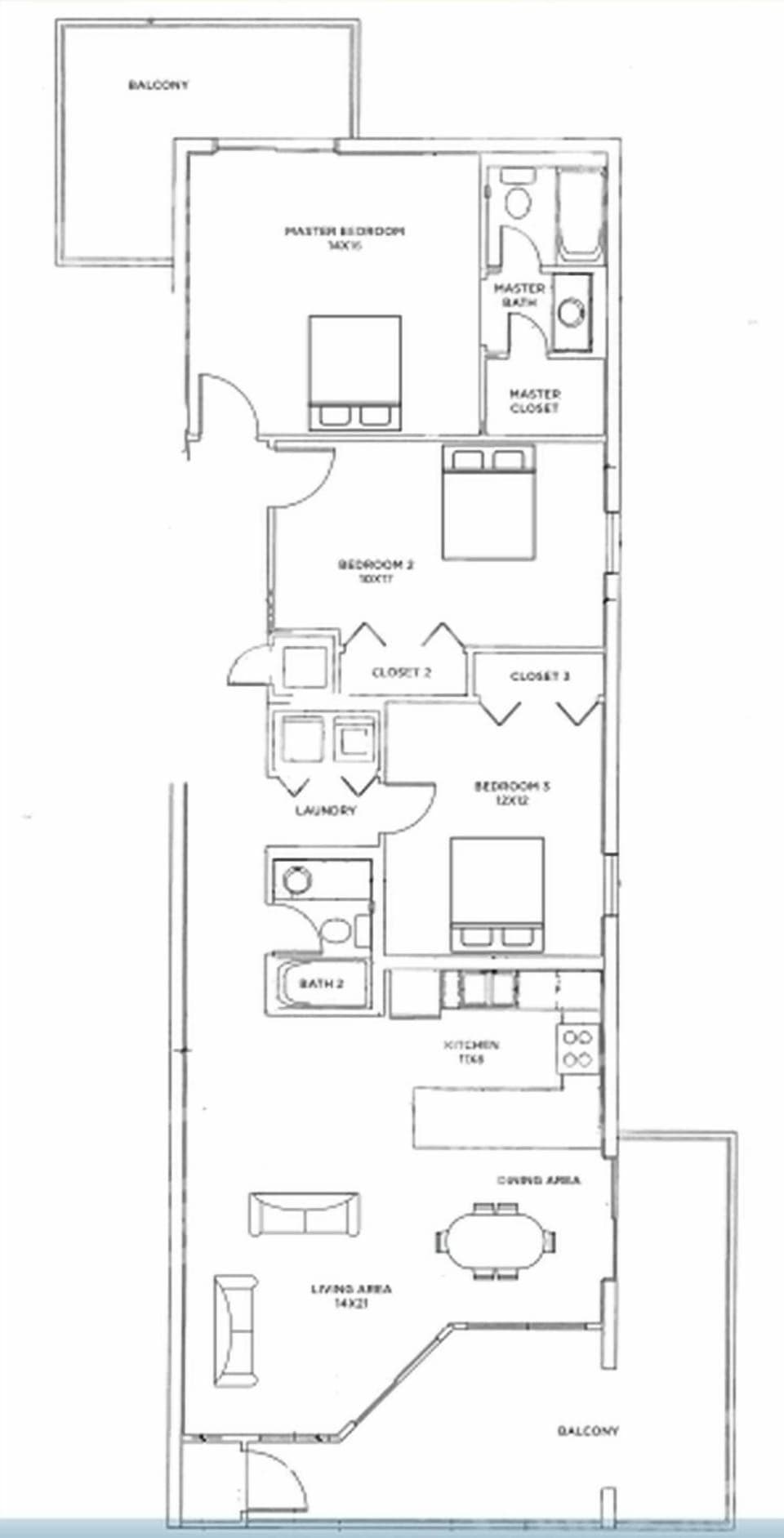 This floor plan outlines a three-bedroom, two-bath residence featuring a spacious living area, kitchen, and balconies