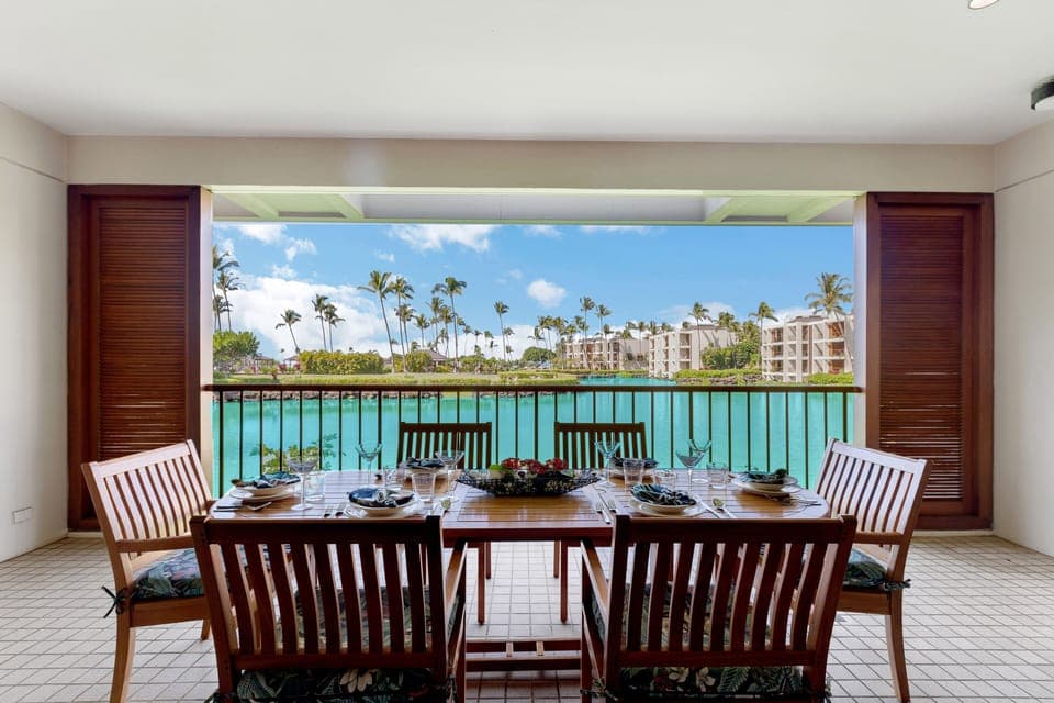 Lanai and View.  Teak table easliy fits 6-8 people