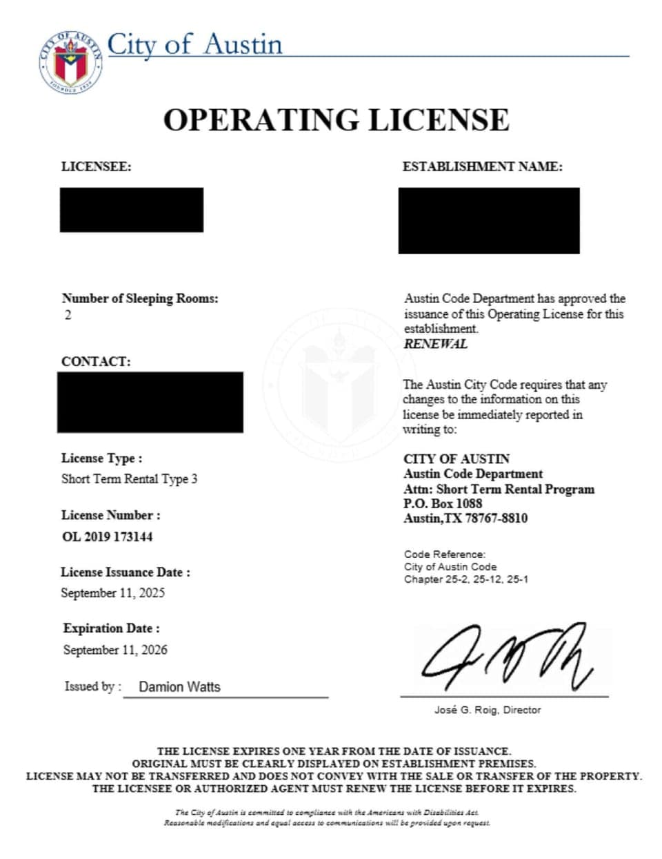 STR License for the City of Austin