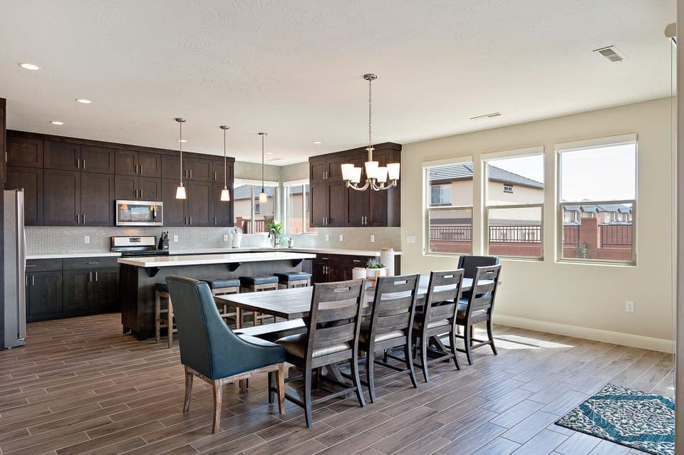 Large Dining table and bar seating to sit 16 people. 