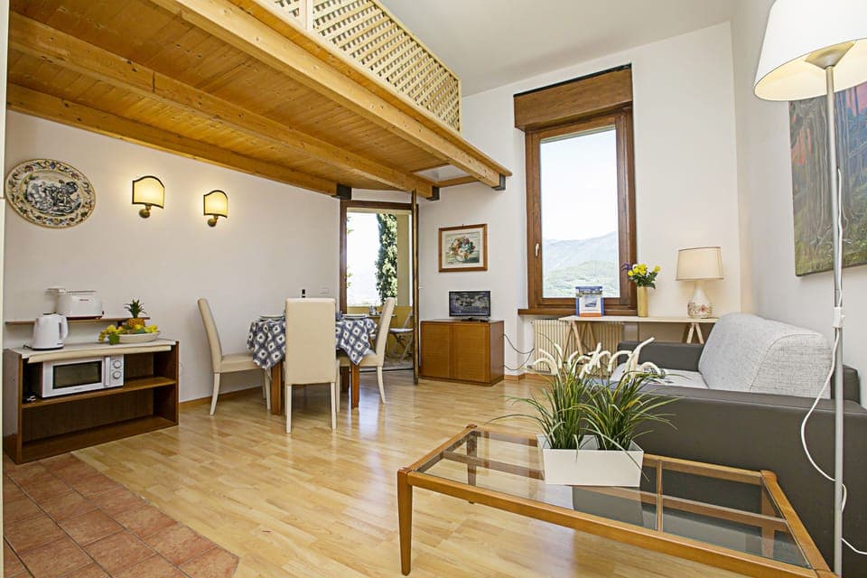 The living room with sofa bed, coffe table and dinner table taken from the entry