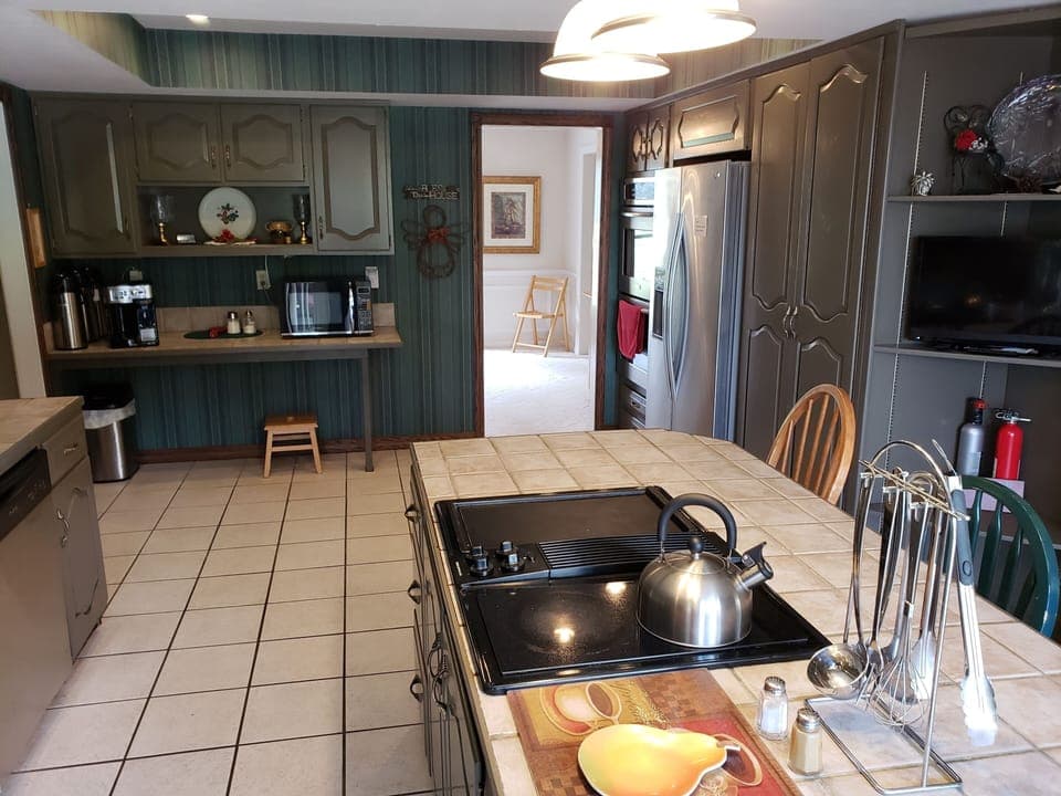 Kitchen from patio entrance.  Note Jenn-Air downflow range (now 4 burners)