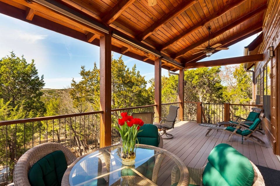 20' covered deck with views of the Texas Hill Country. Great place for dinner.