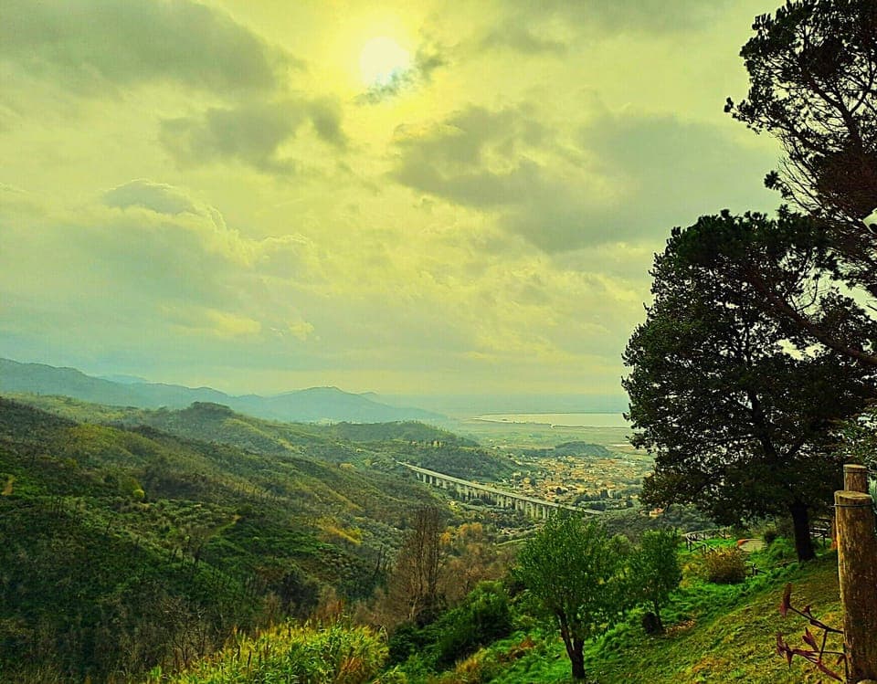 panorama of mountain, lake and sea