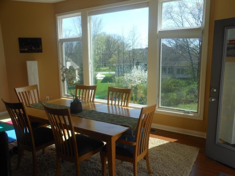 dining area with big picture windows