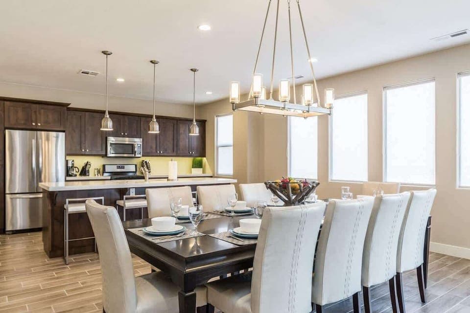 Gorgeous open concept kitchen with dining table for 12