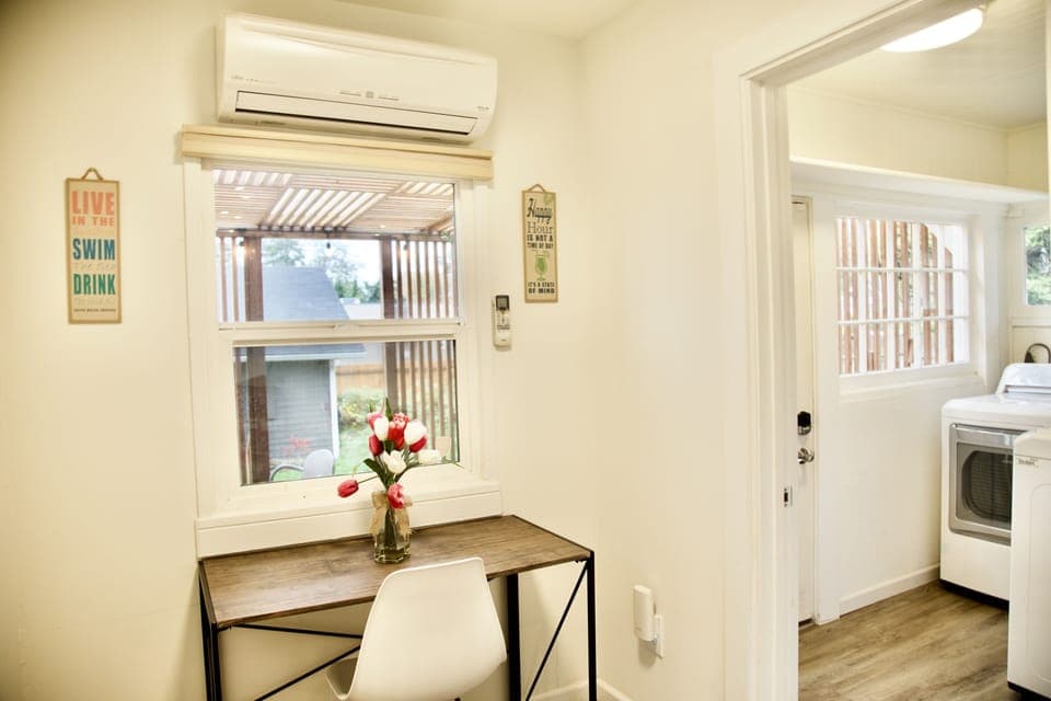 Desktop table facing backyard