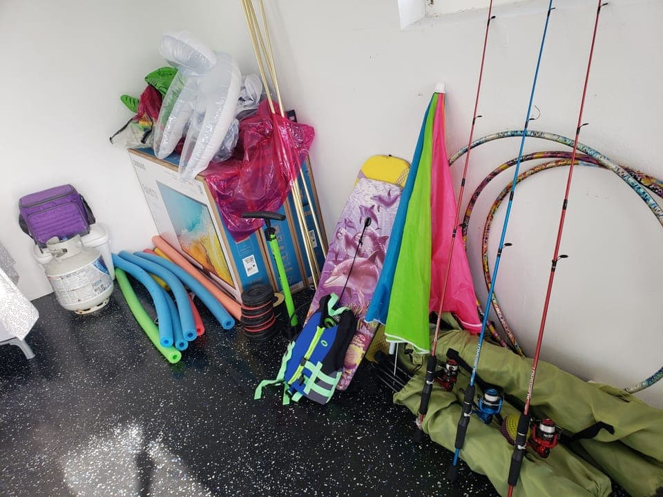 Fishing poles, umbrella, kids toys, kids life vest, baby floaty, and much more