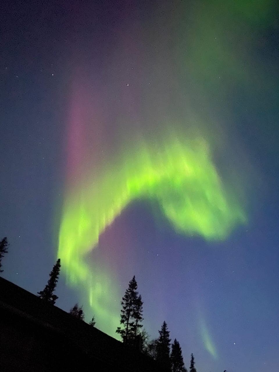 Stunning Northern Lights (Aurora Borealis) display above Aurora log cabin