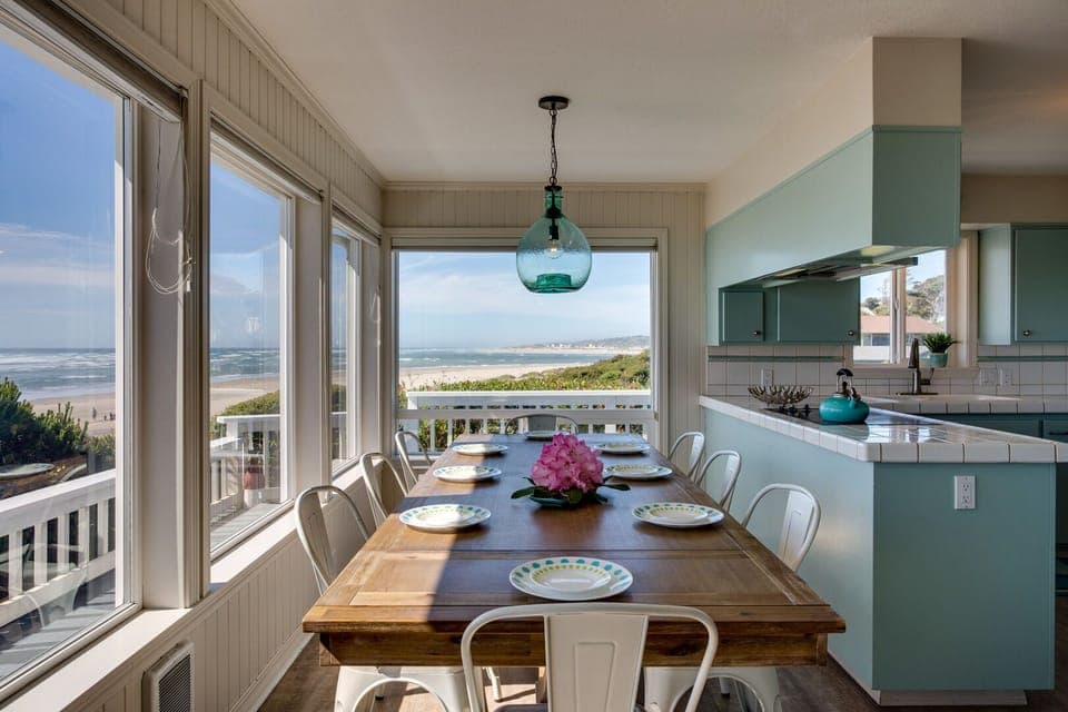 The kitchen opens on to the dining room for easy conversation.