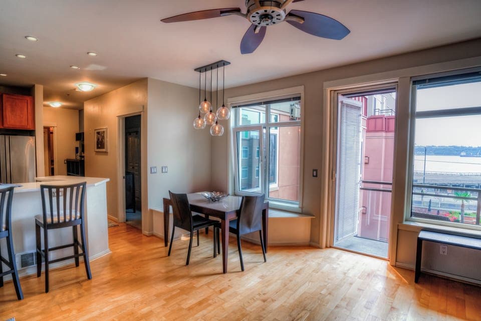 Dining room table extends to accommodate 8. 